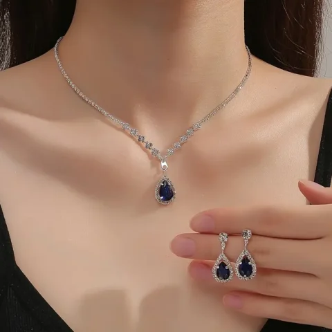 Blue zirconia Necklace & Earring - Silver Plated - Set