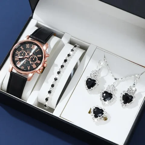 Elegant Quartz Wrist Watch and Jewelry Set Gift For Her