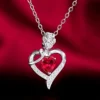 Silver and Red Heart & Rose Pendant Necklace with Cubic Zirconia